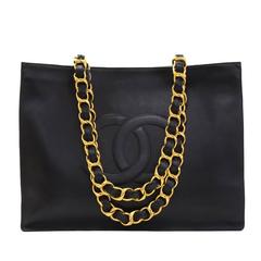 Vintage Chanel Jumbo XL Black Leather Shoulder Shopping Tote Bag