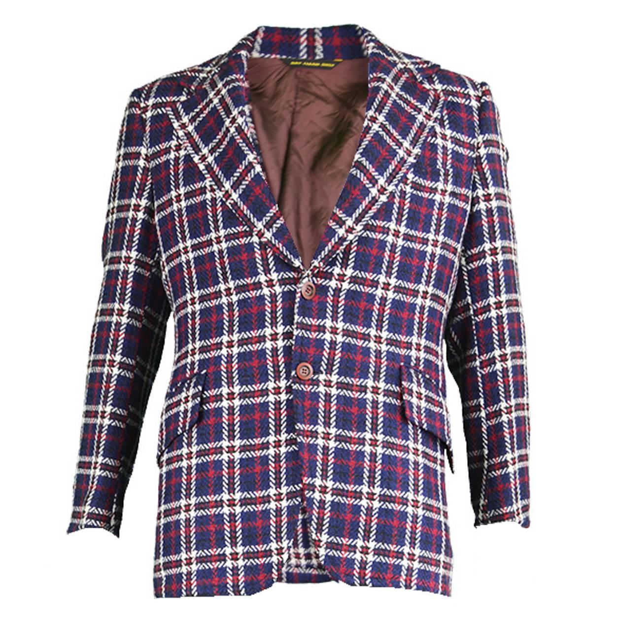 1970s Men's Blue White & Red Checked Wool Blazer