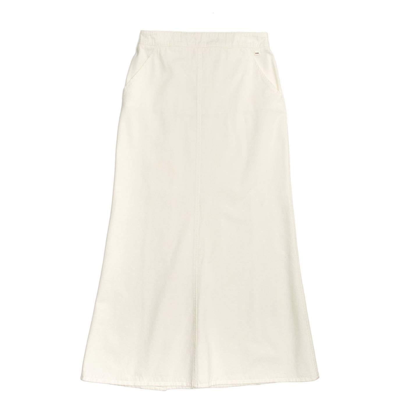 Chanel White Denim Button Back Long Skirt For Sale