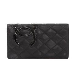 Vintage Chanel Cambon Black Quilted Lambskin Leather Long Wallet