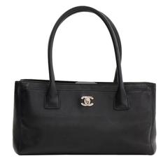 Chanel 12" Black Leather Tote Hand Bag Silver Hardware