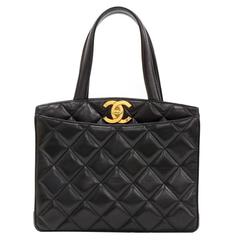 Vintage Chanel Black Quilted Leather Tote Hand Bag Large CC