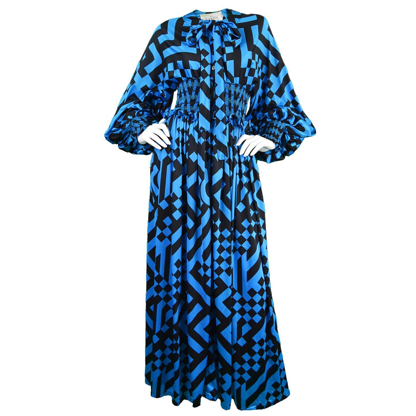 1970s Jean Varon Vintage Blue & Black Balloon Sleeve Dress For Sale