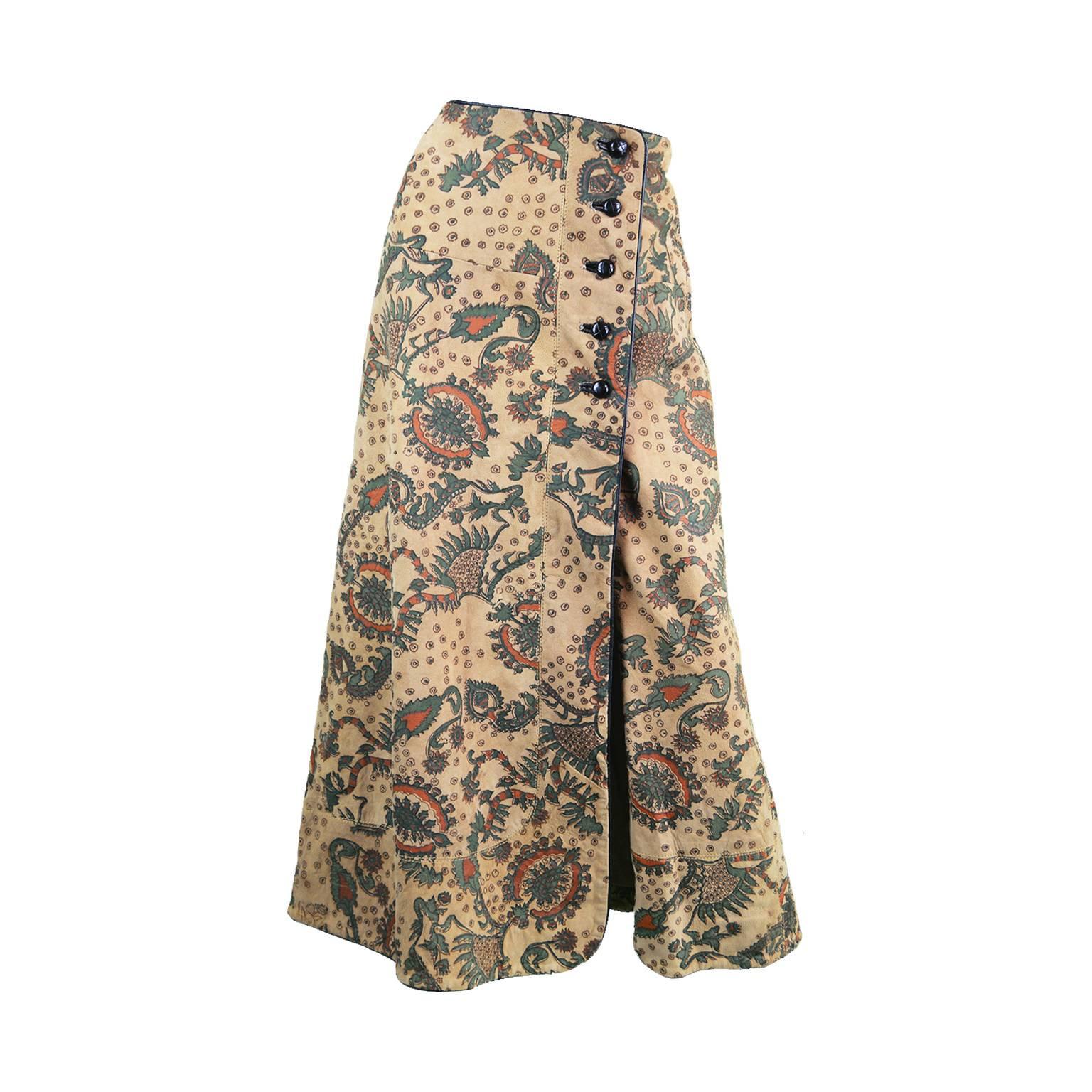 1970s Geoffrey Beene Bazaar Vintage Paisley Maxi Suede Skirt