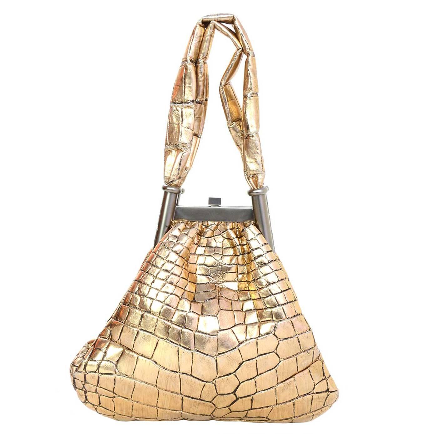 Chanel Metallic Gold Crocodile Frame Handbag 