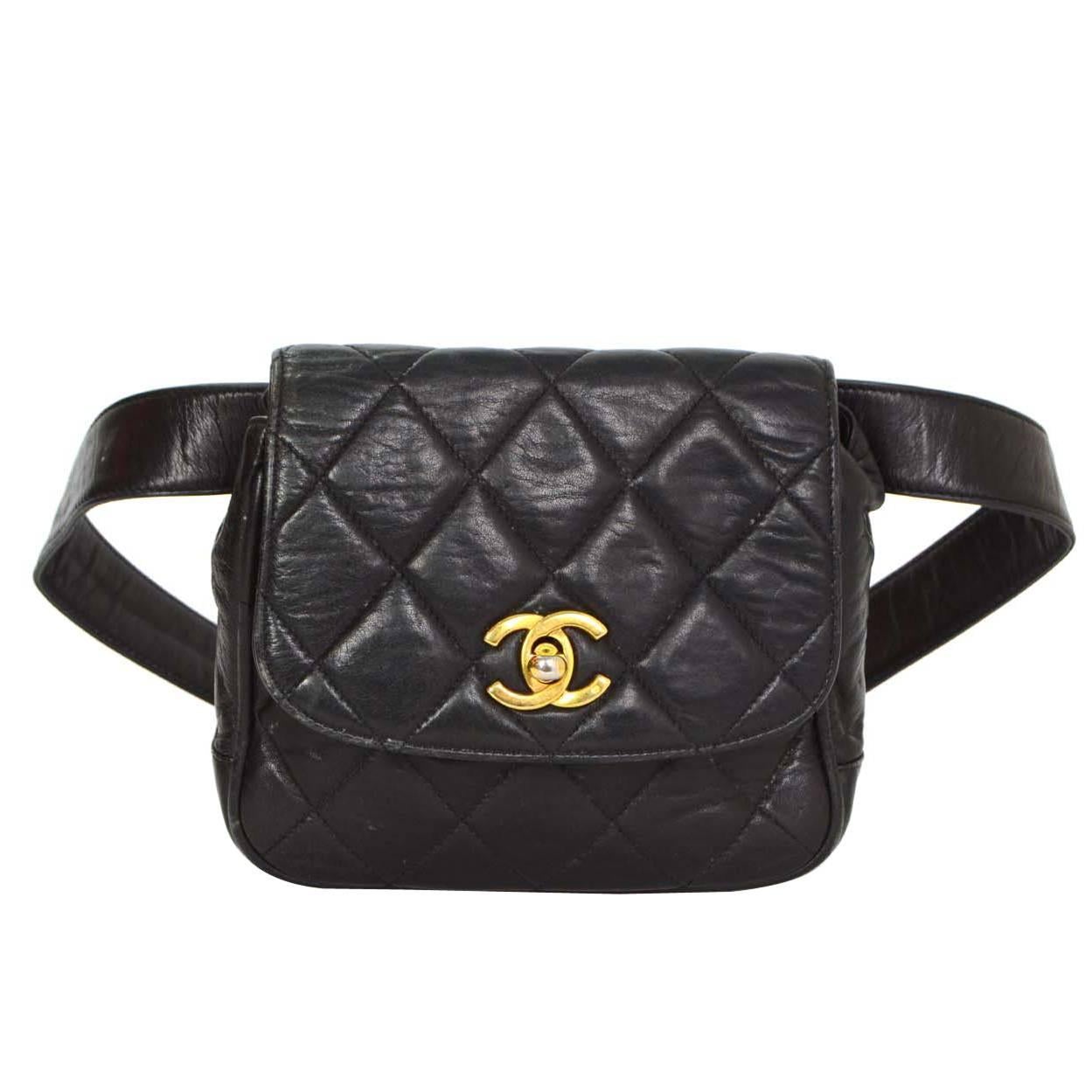 Chanel Black Quilted Flap Belt Bag sz 75 GHW