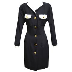 Adolfo Black and White Shirt Dress with Gold Buttons 