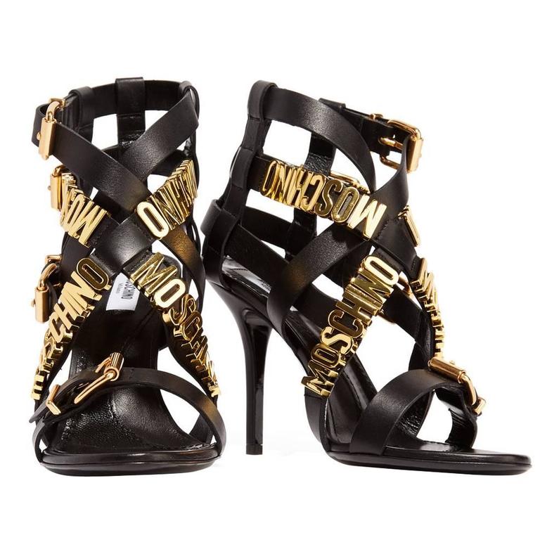 Moschino NEW and SOLD OUT Black Leather Gold Logo High Heels Sandals in ...