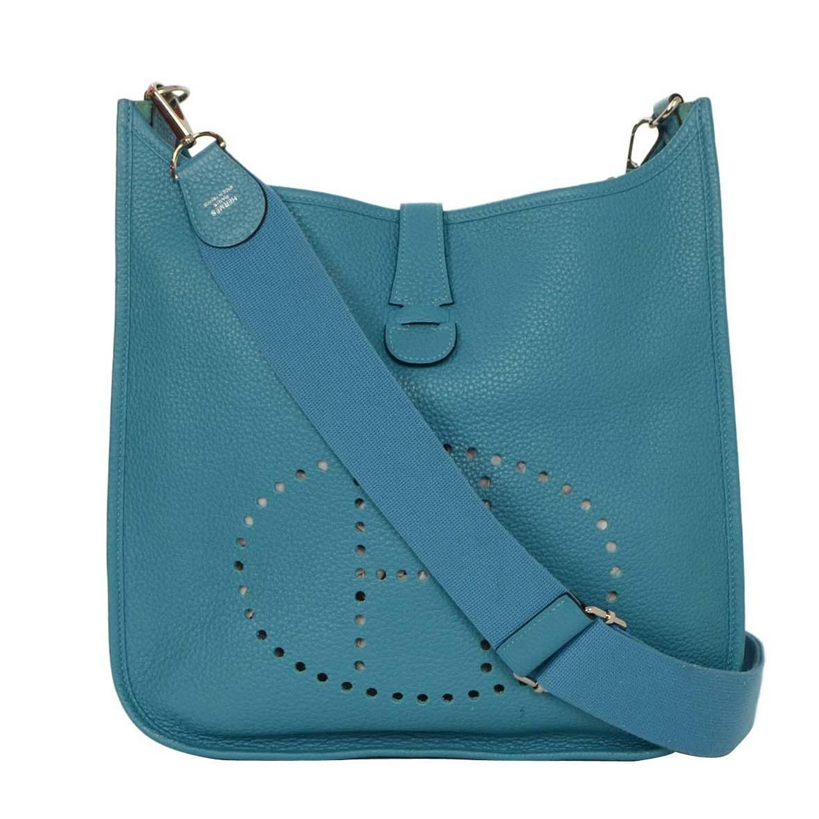 Hermes Turquoise Clemence Evelyne III GM Crossbody Bag PHW For Sale at 1stdibs