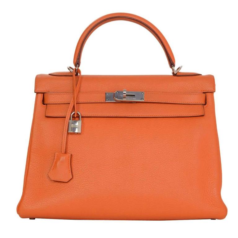 Hermes Orange Clemence Leather 32cm Kelly Bag PHW For Sale at 1stdibs