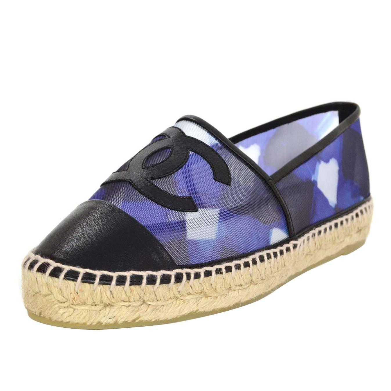 Chanel NEW 2016 Blue Mesh and Black Leather CC Espadrilles sz 39 For Sale at 1stdibs