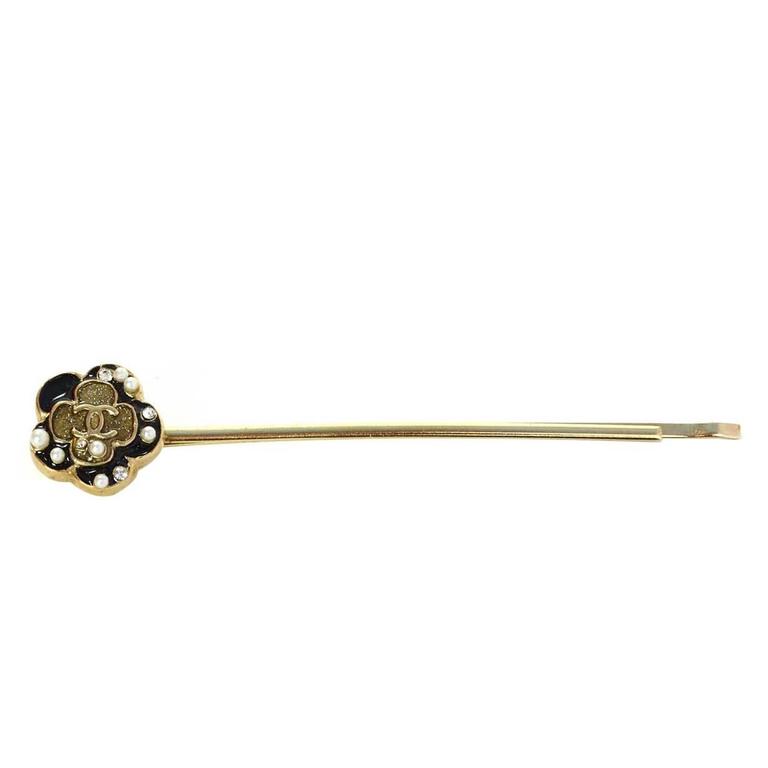 Chanel Gold and Black Camelia Flower Hair Pin For Sale at 1stDibs