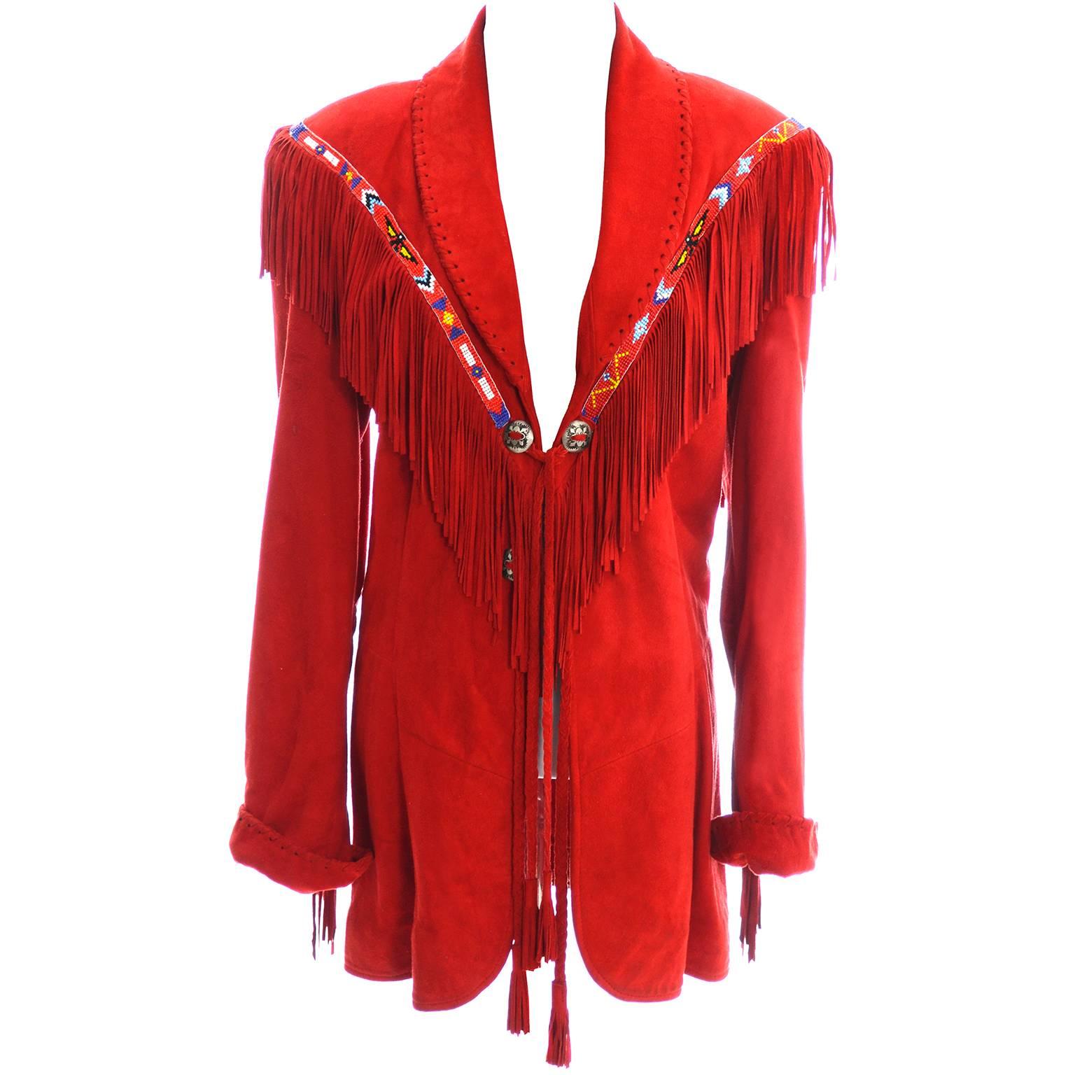 Vintage Char Santa Fe Cherry Red Soft Suede Jacket Fringe Beading 