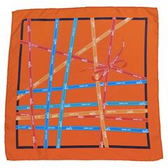 Vintage 1990's Hermes Orange Silk Ribbon Logo Pocket Square