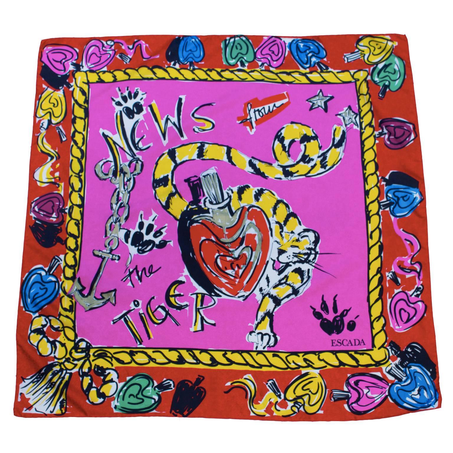 1980's Early Escada Shocking PInk & Red Scribble Silk Scarf For Sale