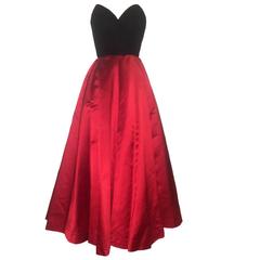 Oscar de la Renta Vintage 1990s Black Velvet Red Satin Ball Gown Evening Gown