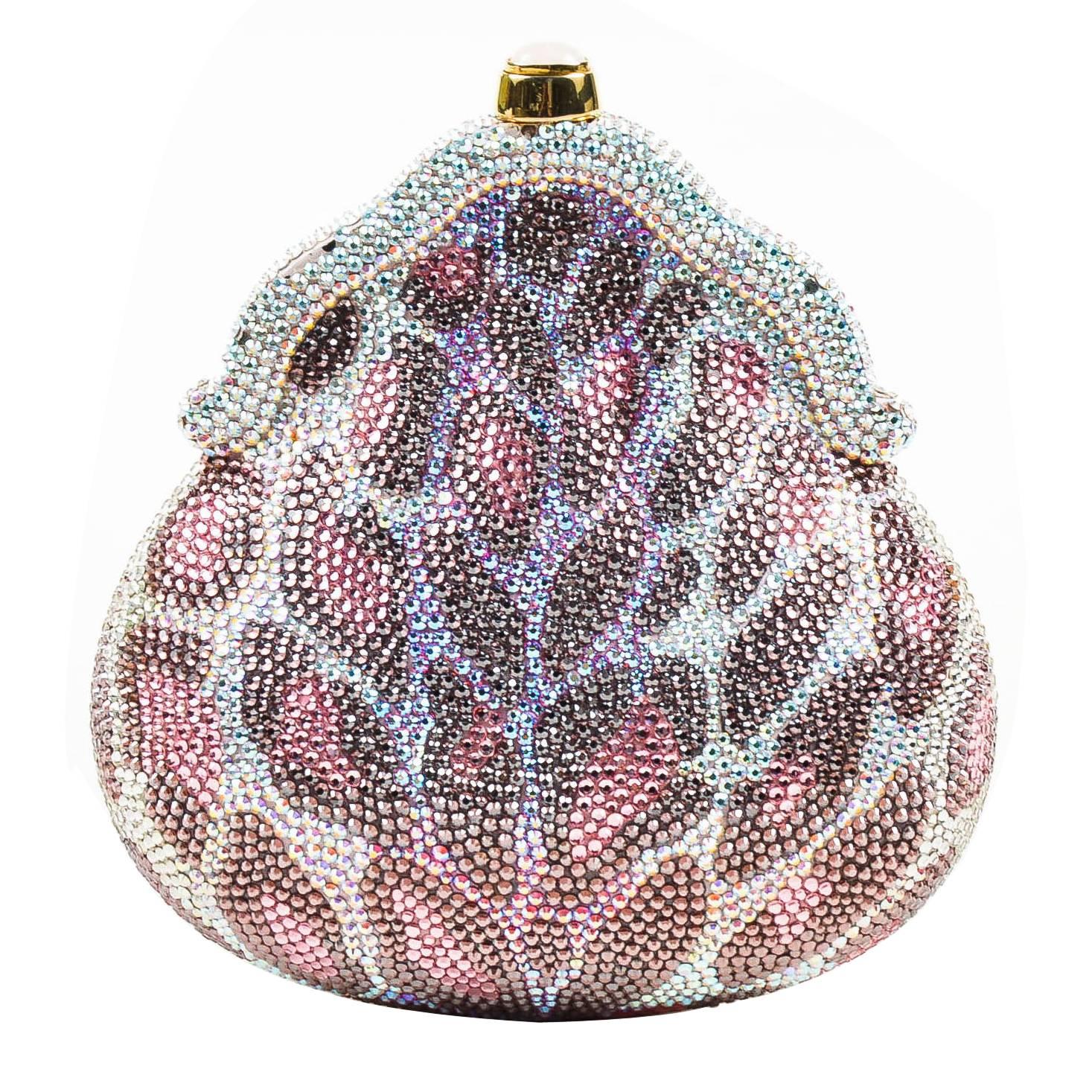 Judith Leiber Pink Purple Clear Crystal Leopard Print Clutch Frame Evening Bag