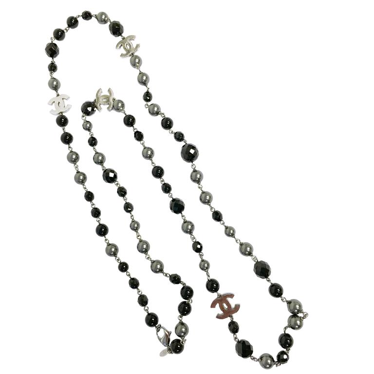 Chanel CC Logo Black Grey Pearl Long Necklace at 1stDibs