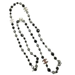 Chanel CC Logo Black Grey Pearl Long Necklace
