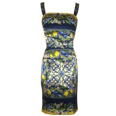 Dolce & Gabbana Yellow and Blue Floral and Lemon Print Bodycon Wiggle Dress