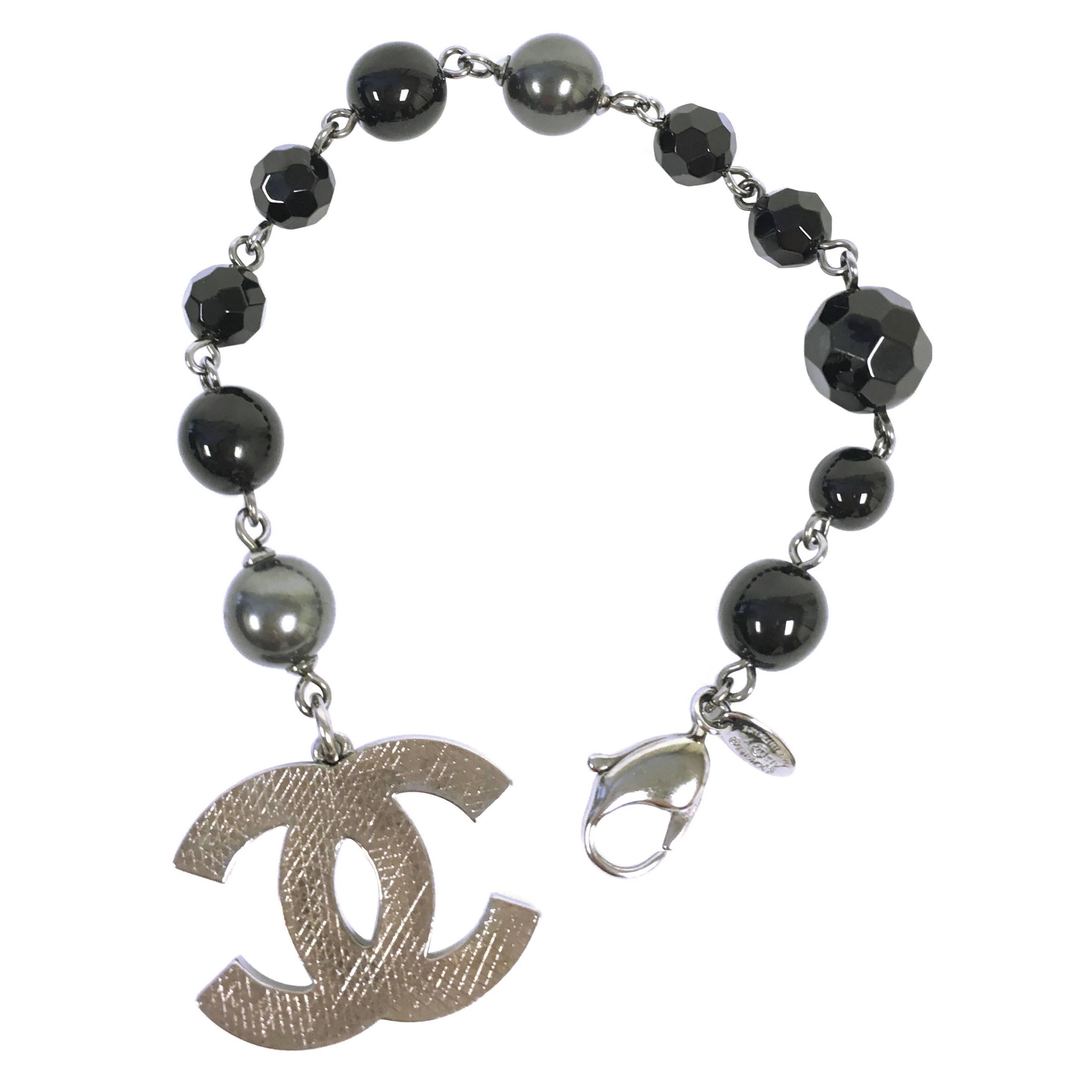 CHANEL 13A CC Logo Charm Black Grey Pearl Bracelet