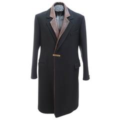 New Versace Black Coat with Brown Crocodile print leather trim 