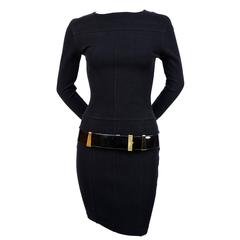 90's CLAUDE MONTANA black dress with gold hardware & black patent leather belt