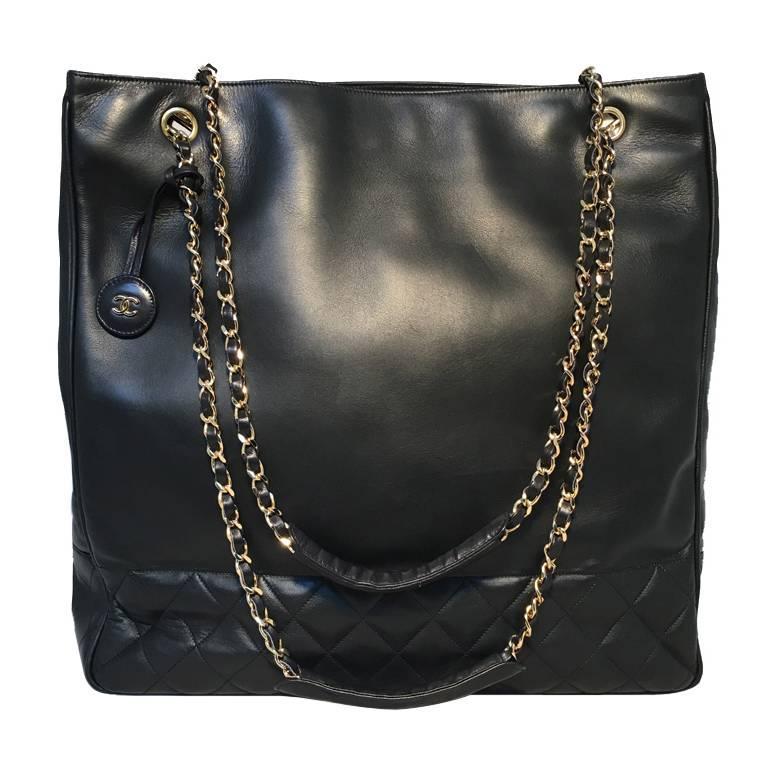 Chanel Vintage Black Leather Shopper Tote Shoulder Bag For Sale at 1stDibs