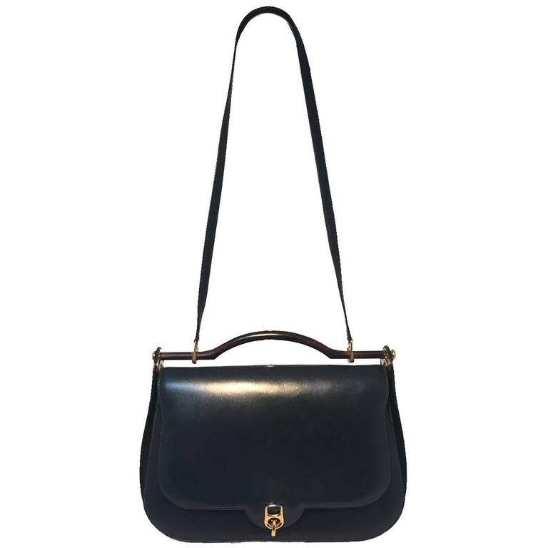 Hermes Vintage Navy Blue Leather Top Handle Shoulder Bag For Sale at