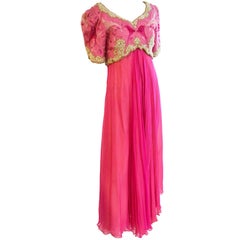 Vintage Richilene Heavily Embroidered Beaded Pink Silk Chiffon Evening Dress