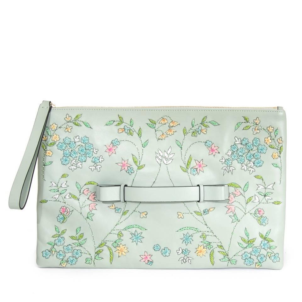 Red Valentino Pastel Green Floral Embellished Leather Clutch