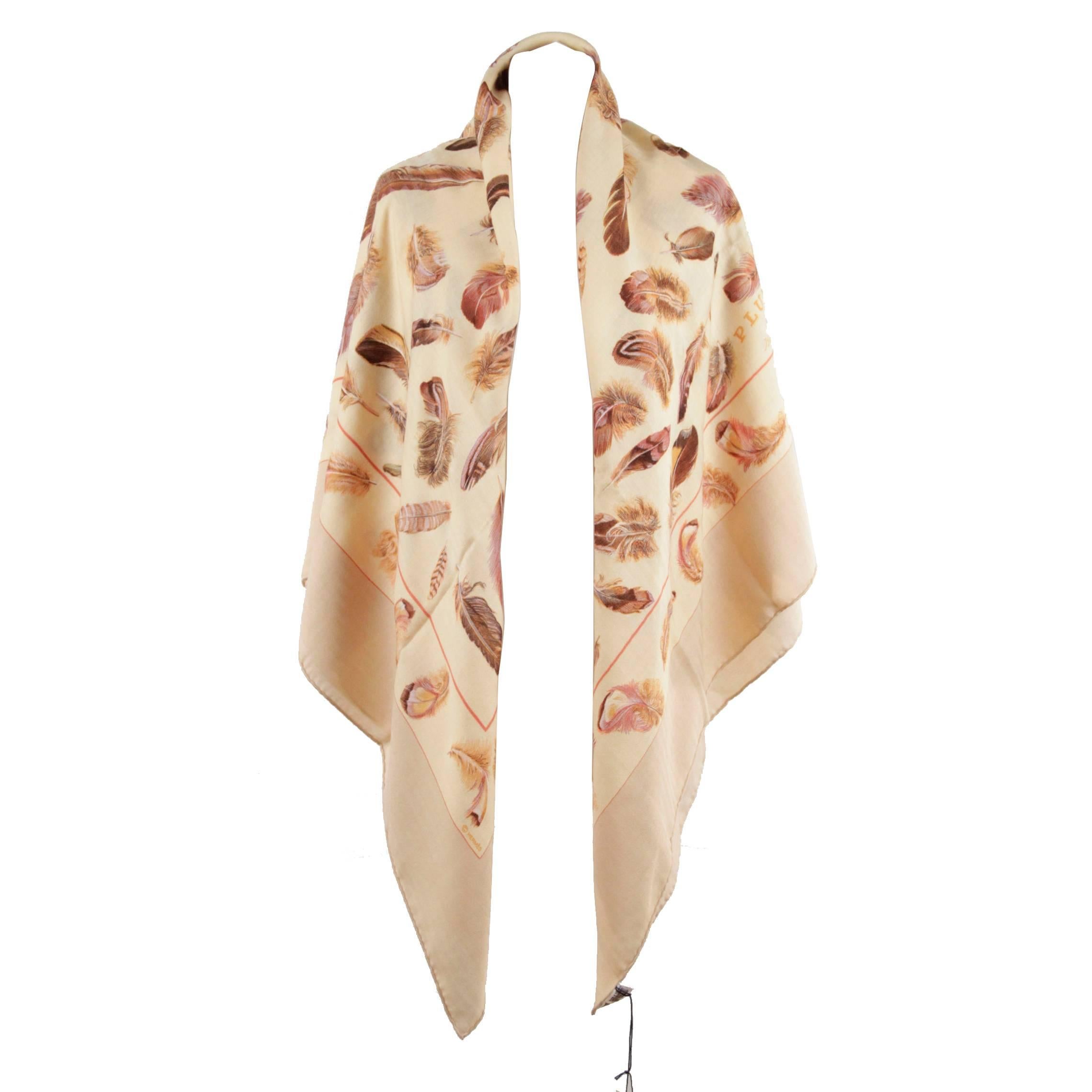 HERMES Cream Cashmere & Silk LARGE SCARF PLUMES Feathers 1953 Henri De Linares