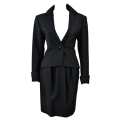 Vintage YVES SAINT LAURENT Black Wool Skirt Suit with Satin Trim Size 36