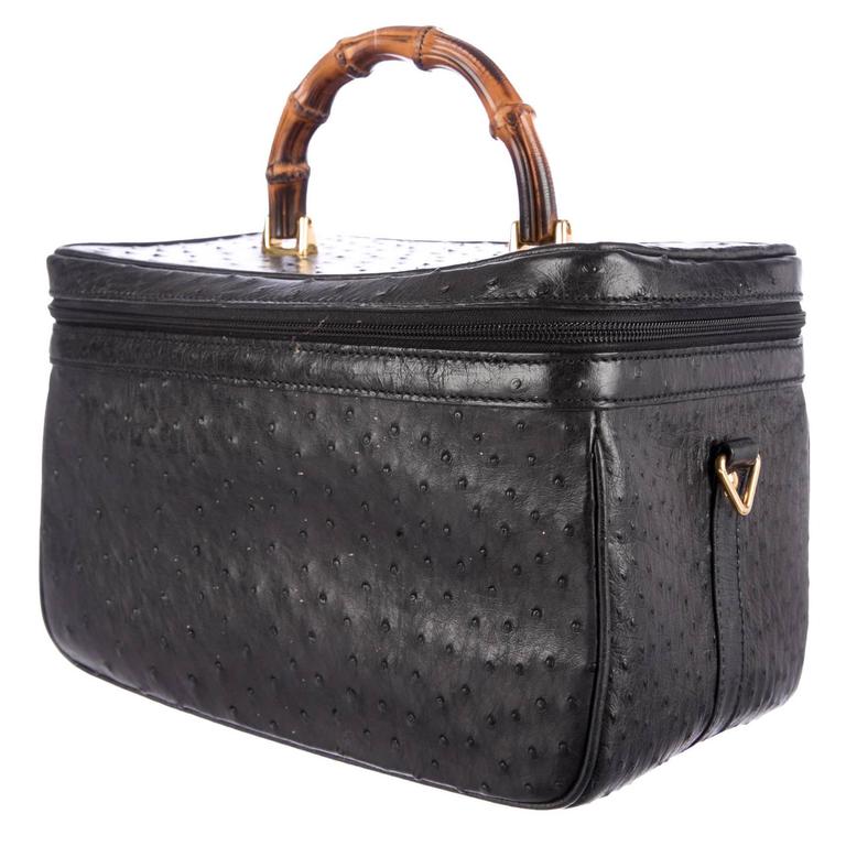 Gucci Rare Vintage Black Leather Gold Bamboo Vanity Jewelry Case Top Handle Bag at 1stDibs