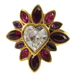 Vintage Yves Saint Laurent YSL Floral Cocktail Ring Pink Rhinestone Heart sz 6.75