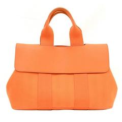 Retro Hermes Valparaiso PM Orange Leather Canvas Tote Hand Bag