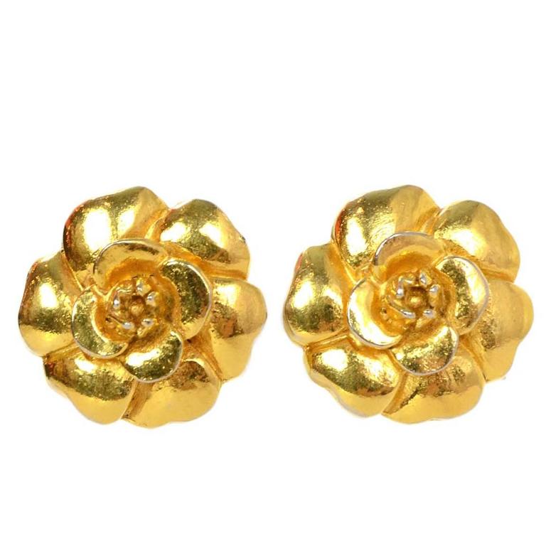 Chanel Large Gold Camelia Clip On Earrings For Sale at 1stDibs
