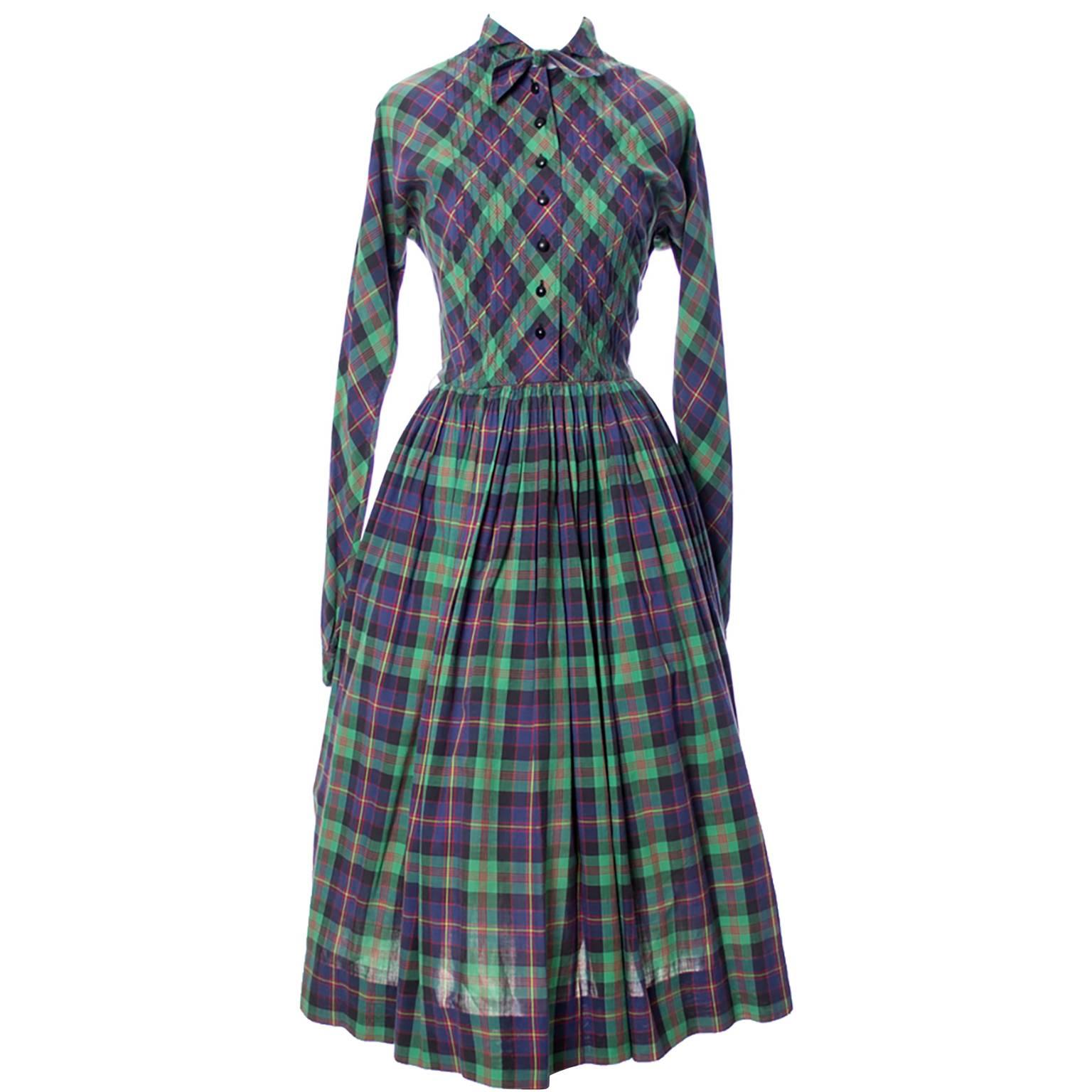 1950s Claire McCardell Vintage Plaid Cotton Dress With Bow Clothes by Townley 