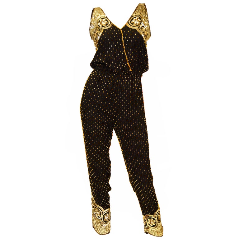 Black Silk Vintage Gold Beaded Jumpsuit For Sale at 1stDibs jumpsuit