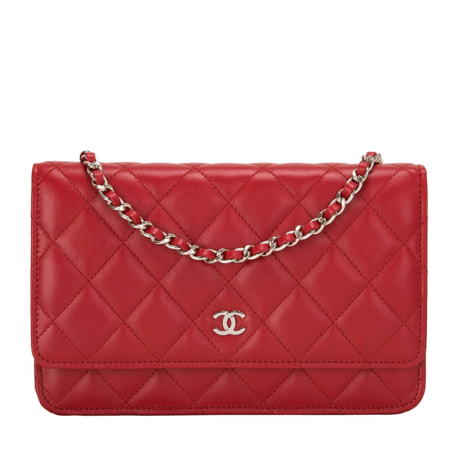 Chanel Red Quilted Lambskin Classic Wallet On Chain (WOC)