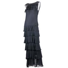 Chanel 2001P Navy Silk Horizontal Ruffles Evening Gown FR38 6