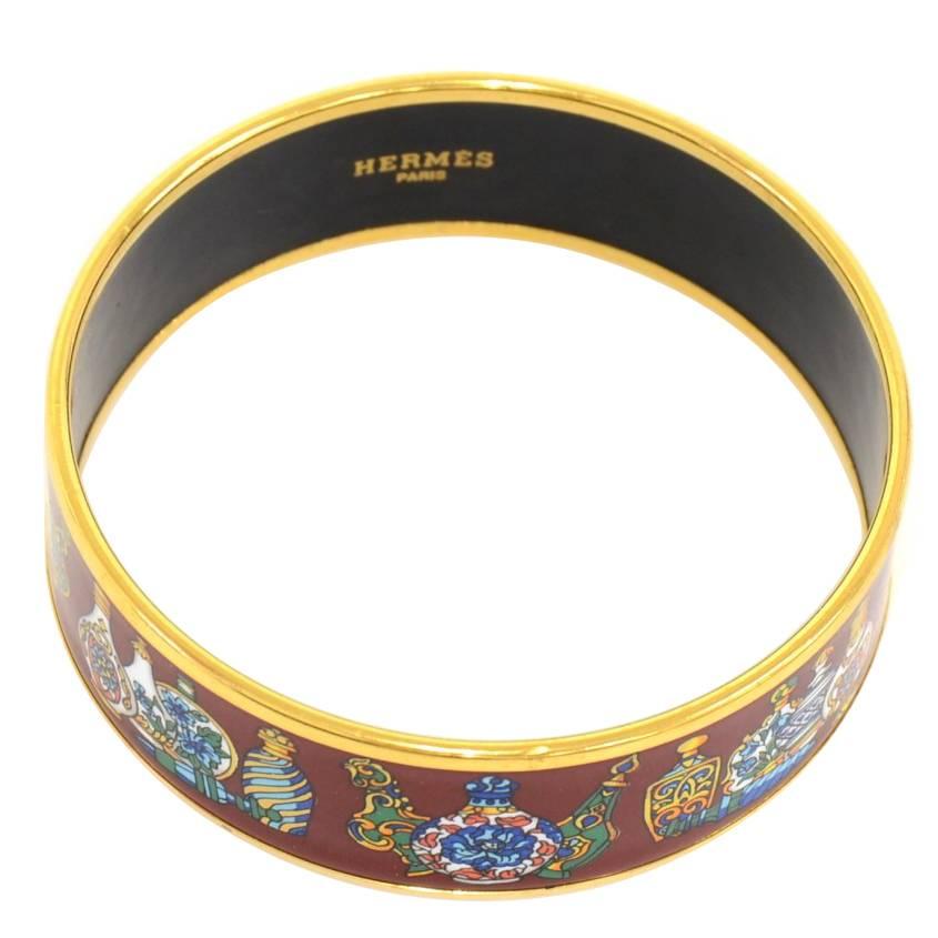 Hermes Dark Red x Gold Tone Enamel Wide Bracelet Bangle