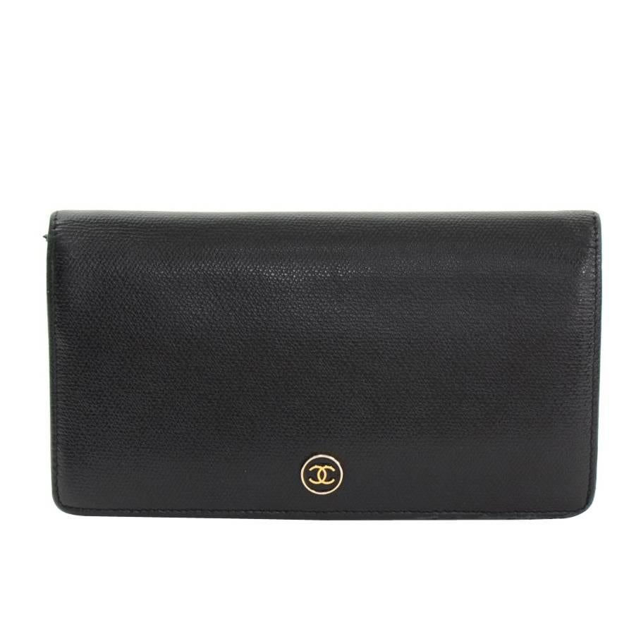 Chanel Black Caviar Leather Coco Button Bi-fold Long Wallet