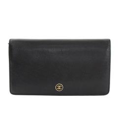 Vintage Chanel Black Caviar Leather Coco Button Bi-fold Long Wallet