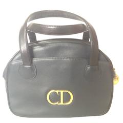 Vintage Christian Dior navy bolide style handbag with golden large CD logo motif