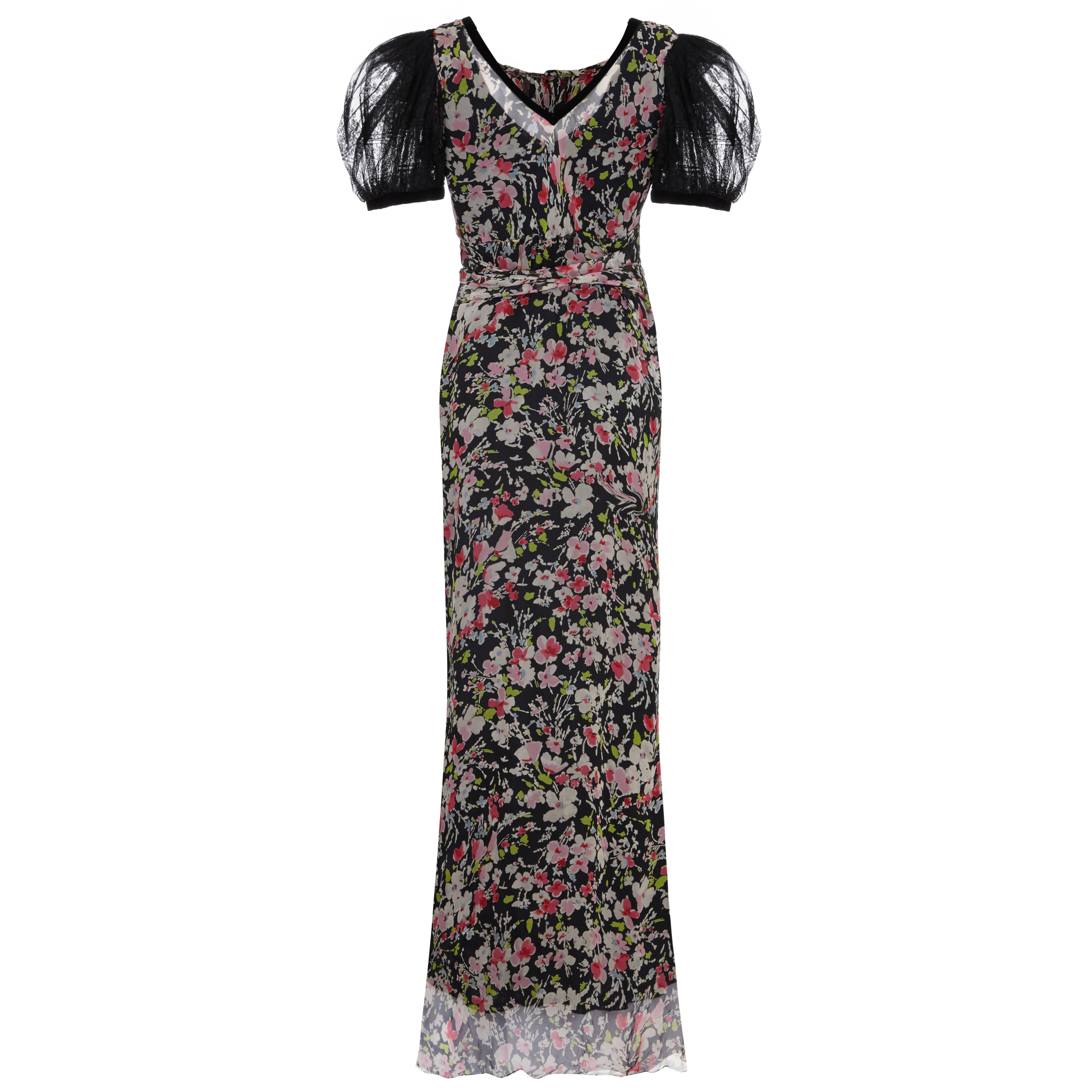1930s Floral Chiffon Dress with Black Lace Puff Sleeves & Slip 