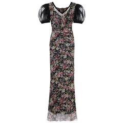 1930s Floral Chiffon Dress with Black Lace Puff Sleeves & Slip 11