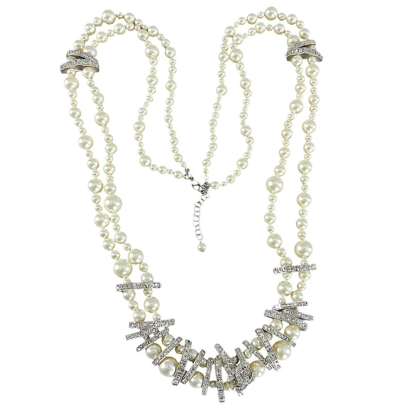 Chanel 15P Long Double Strand Pearl Necklace with Rhinestones
