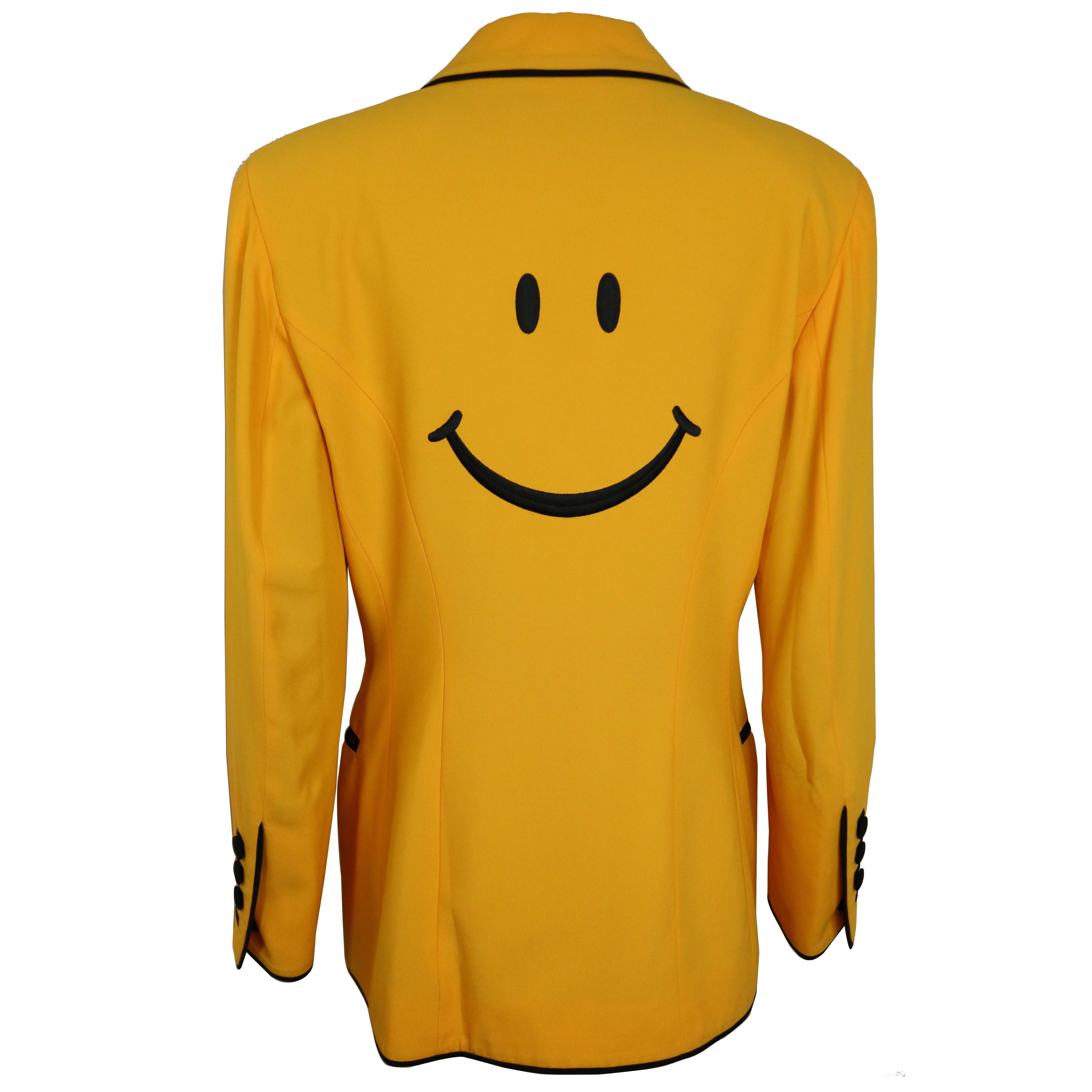 Moschino Couture Yellow Iconic "Smiley Face" Black Piping Jacket 