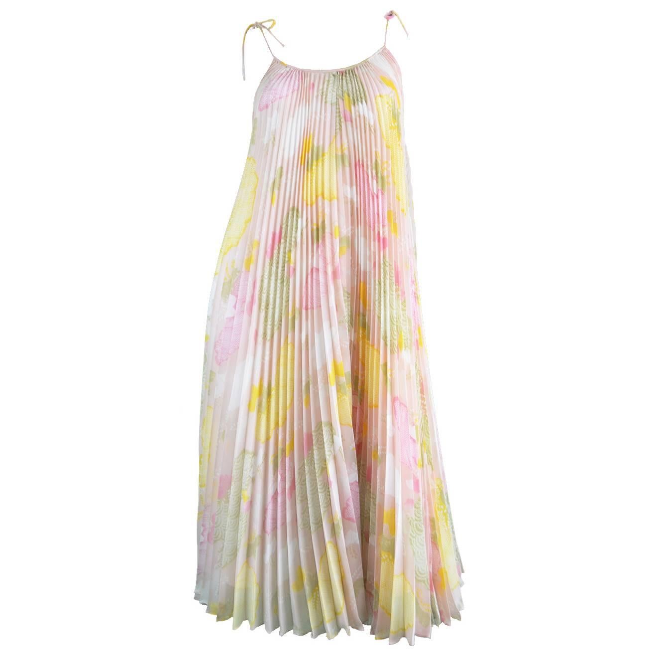 Vintage 1970s Yuki for Rembrandt Pastel Rainbow Pleated Tent Dress For Sale